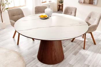 Ronde tafel walnoot zuil wit keramiek marmer look 120cm