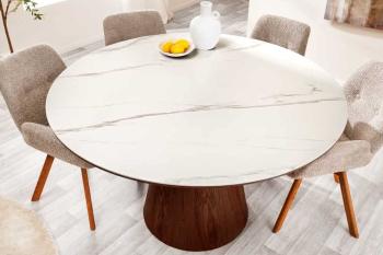 Ronde tafel walnoot zuil wit keramiek marmer look 120cm