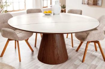 Ronde tafel walnoot zuil wit keramiek marmer look 120cm