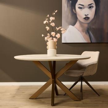 Ronde tafel zandbeige met brons onderstel 150 cm