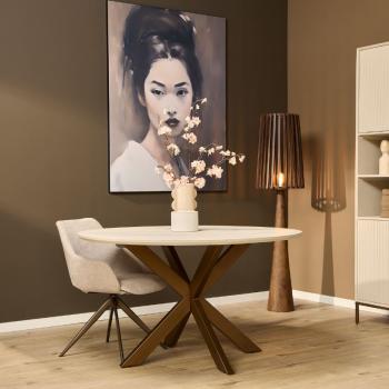 Ronde tafel zandbeige met brons onderstel 150 cm