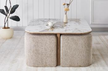 Vierkante salontafel beige keramiek 80 cm met 4 hockers