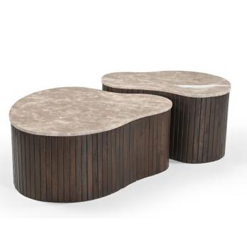 Salontafel set beigebruin marmer met mangohout 84 en 70 cm