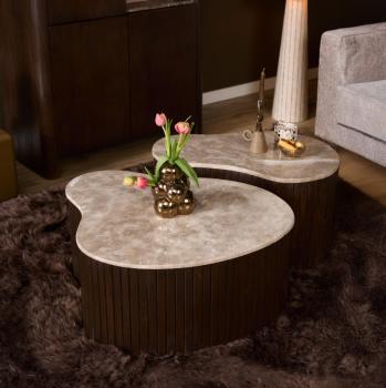 Salontafel set beigebruin marmer met mangohout 84 en 70 cm