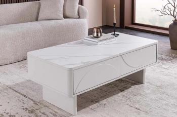 Salontafel wit gelakt met keramiek Marmerlook 120 cm