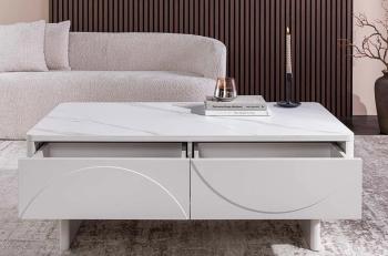 Salontafel wit gelakt met keramiek Marmerlook 120 cm