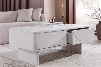 Salontafel wit gelakt met keramiek Marmerlook 120 cm