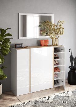 schoenenkast wit hoogglans met eiken kleur 140 cm
