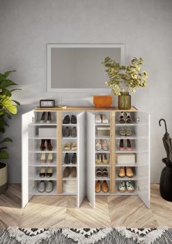 schoenenkast wit hoogglans met eiken kleur 140 cm