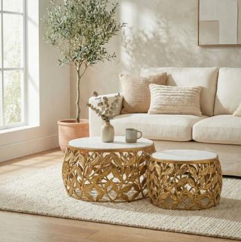 salontafel set wit marmer met gouden onderstellen