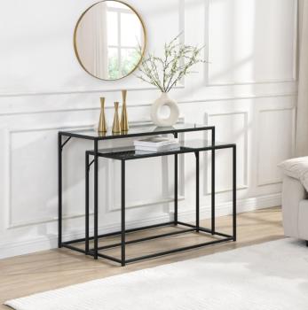 sidetable set zwart metaal met glas 100 cm