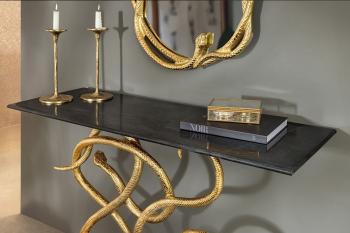 Sidetable Snake goud zwart marmer 115 cm