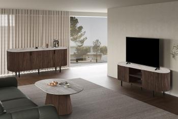 Tv meubel donkerbruin eiken kleur met beige bovenpaneel 160 cm