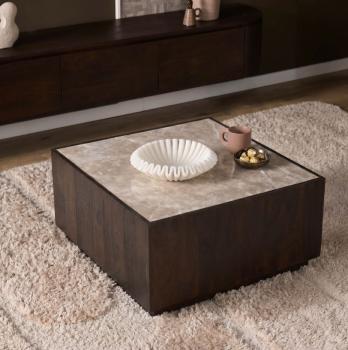 Salontafel donkerbruin mangohout beigebruin marmer 80 cm