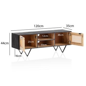 TV lowboard zwart mangohout rotan 120 cm