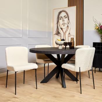 ronde tafel mango zwart 130 cm en 4 stoelen wit