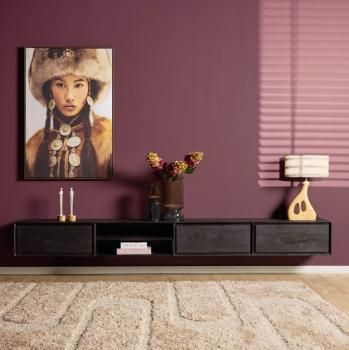zwevend tv meubel zwart mangohout 280 cm