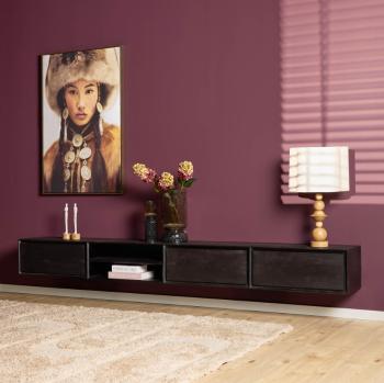 zwevend tv meubel zwart mangohout 280 cm
