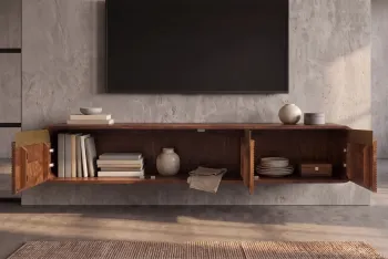 Zwevend tv meubel donkerbruin mangohout goud accent 160 cm