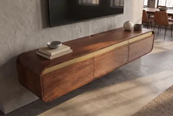 Zwevend tv meubel donkerbruin mangohout goud accent 160 cm