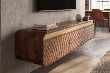 Zwevend tv meubel donkerbruin mangohout goud accent 160 cm