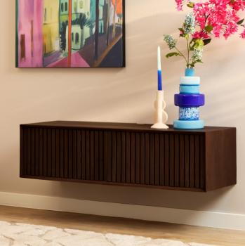 Zwevend tv meubel lamellen patroon donkerbruin mangohout 120 cm