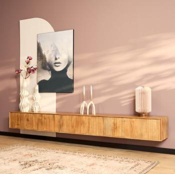 Zwevend tv-meubel naturel bruin mangohout 280 cm