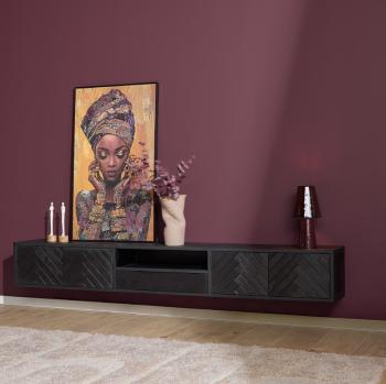 Zwevend tv meubel zwart mangohout visgraat 200 cm